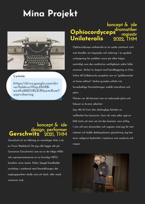 Ophiocordyceps Unilateralis audiotheatre performances made as part of the Gylleboverket. Centered around cabinfever and isolation with focus on audience interaction and location. Project lead: Etta Safve